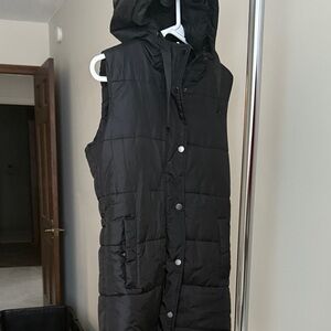 Black Hooded Long Puffer Vest
